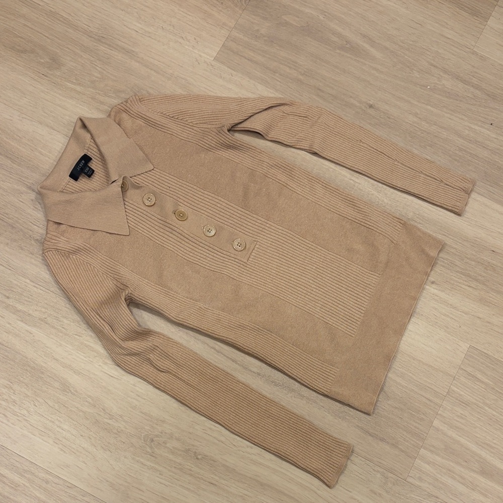 J crew silk blend sweater collared button up beige camel